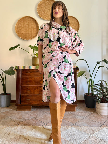 1960’s vintage pink, green and black silk floral print dress