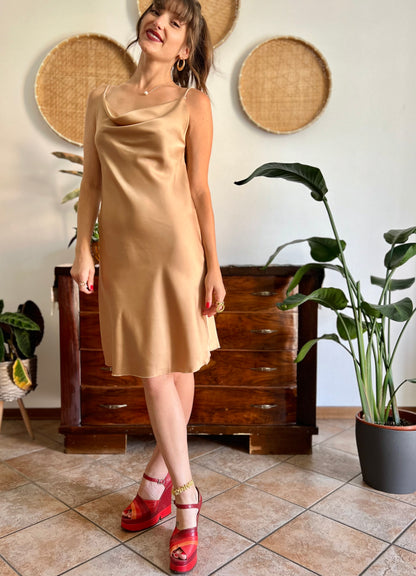 1990's vintage tan satin slip midi dress with cowl neck