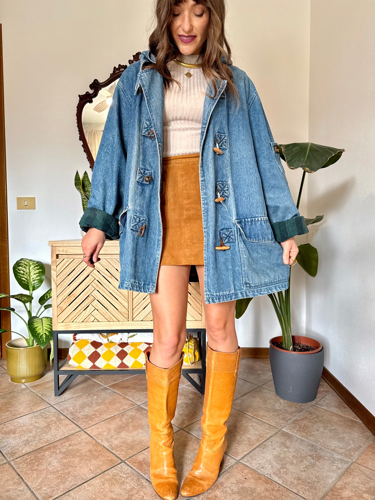 1990’s vintage denim duffle coat with green and navy plaid lining
