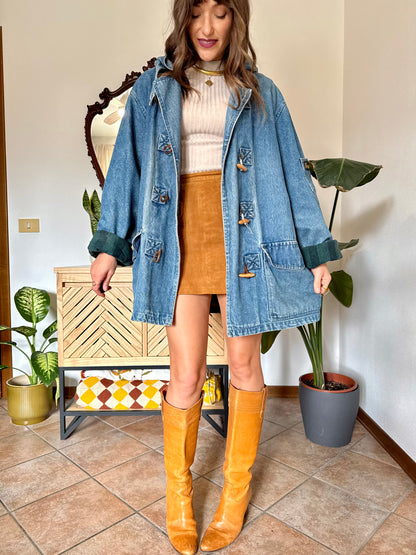 1990’s vintage denim duffle coat with green and navy plaid lining