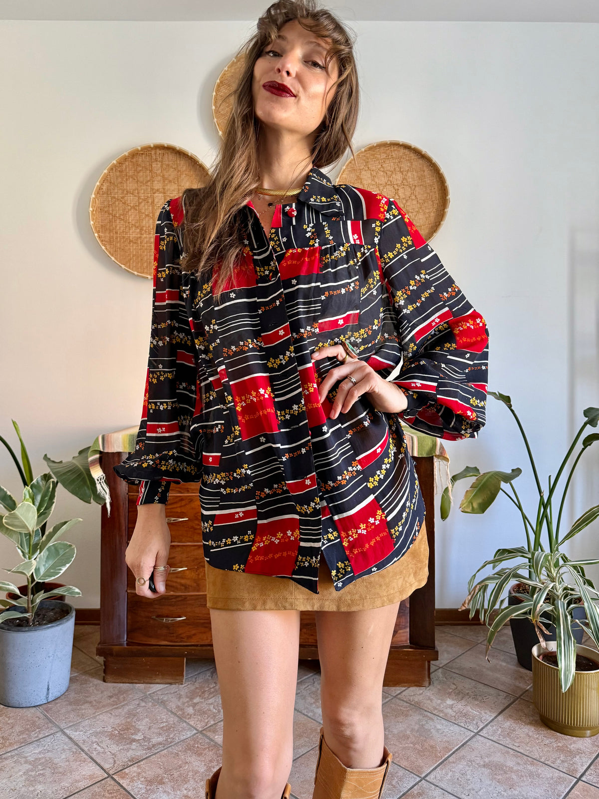 1970's vintage black, red and yellow stripe and floral print blouse