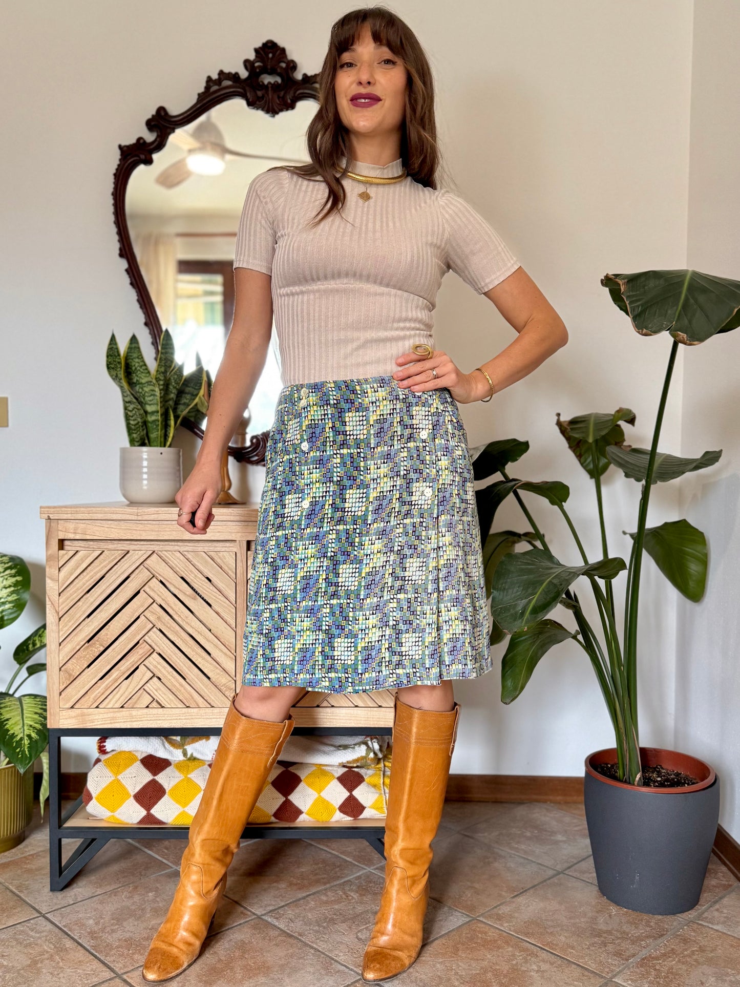 1970’s vintage turquoise, lilac and green geometric print silk midi skirt
