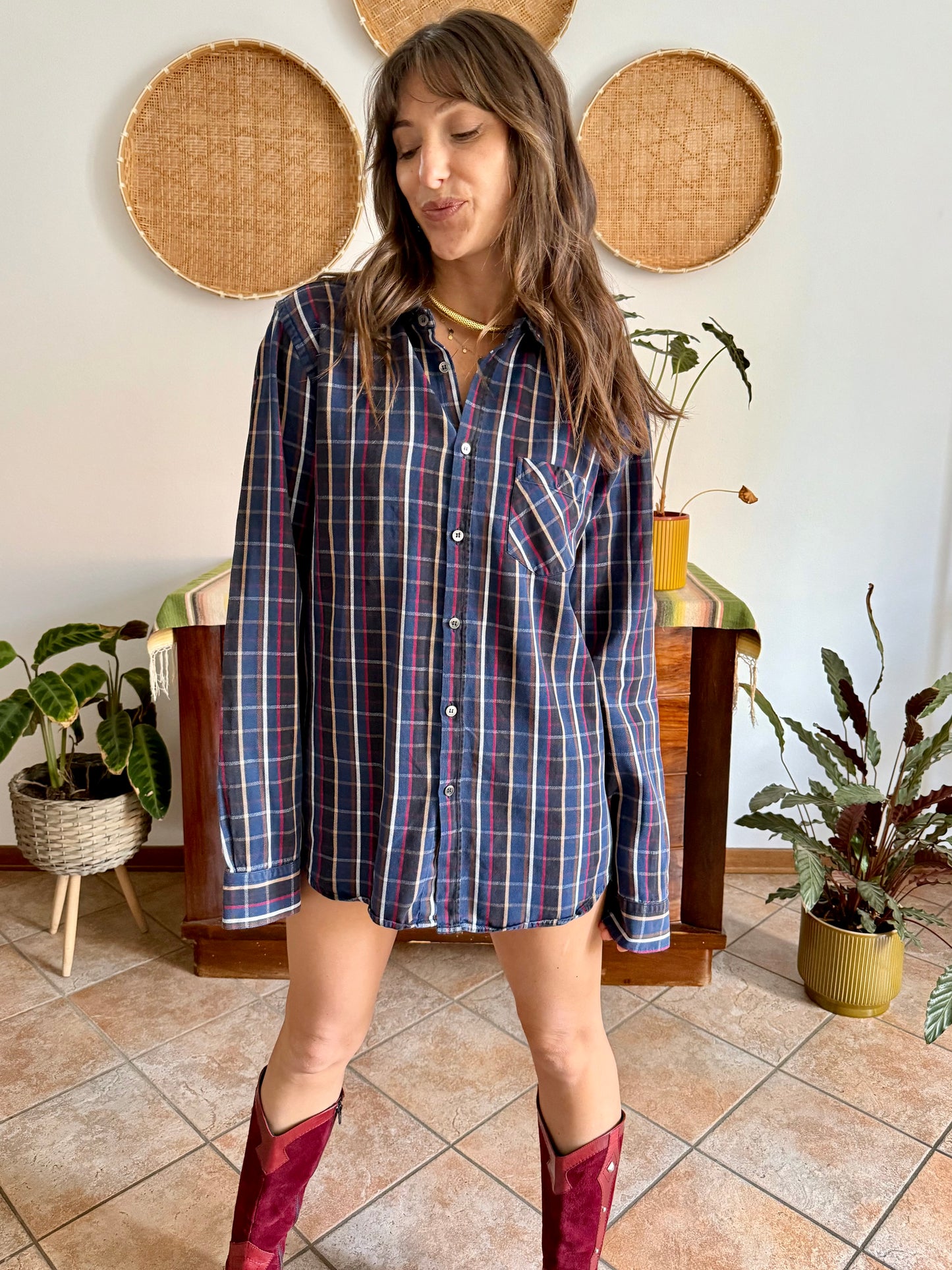 1970's vintage navy blue and chocolate brown plaid shirt