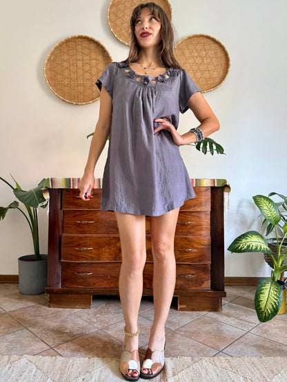 1990’s grey silk baby doll mini dress with appliqué floral detail along neckline