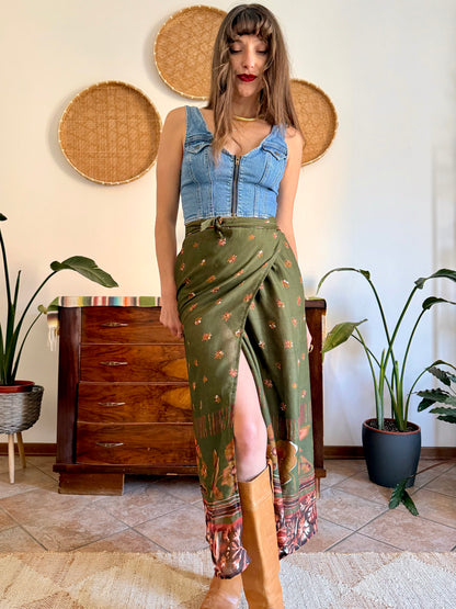 1990's vintage olive green, brown and dark orange floral wrap maxi skirt