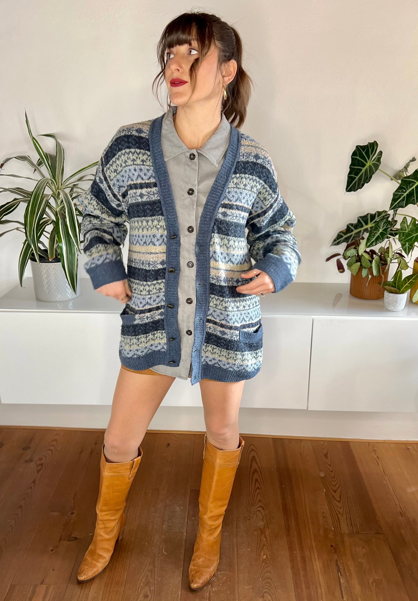 1970's vintage oversize blue and cream stripe cardigan