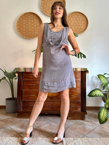 1990’s vintage grey silk mini slip dress with geometric pattern and silver textured details