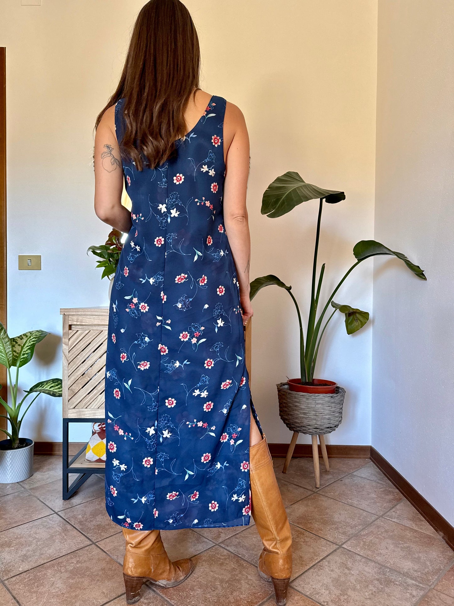 1990's vintage reversible navy blue floral print maxi dress