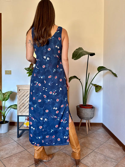 1990's vintage reversible navy blue floral print maxi dress