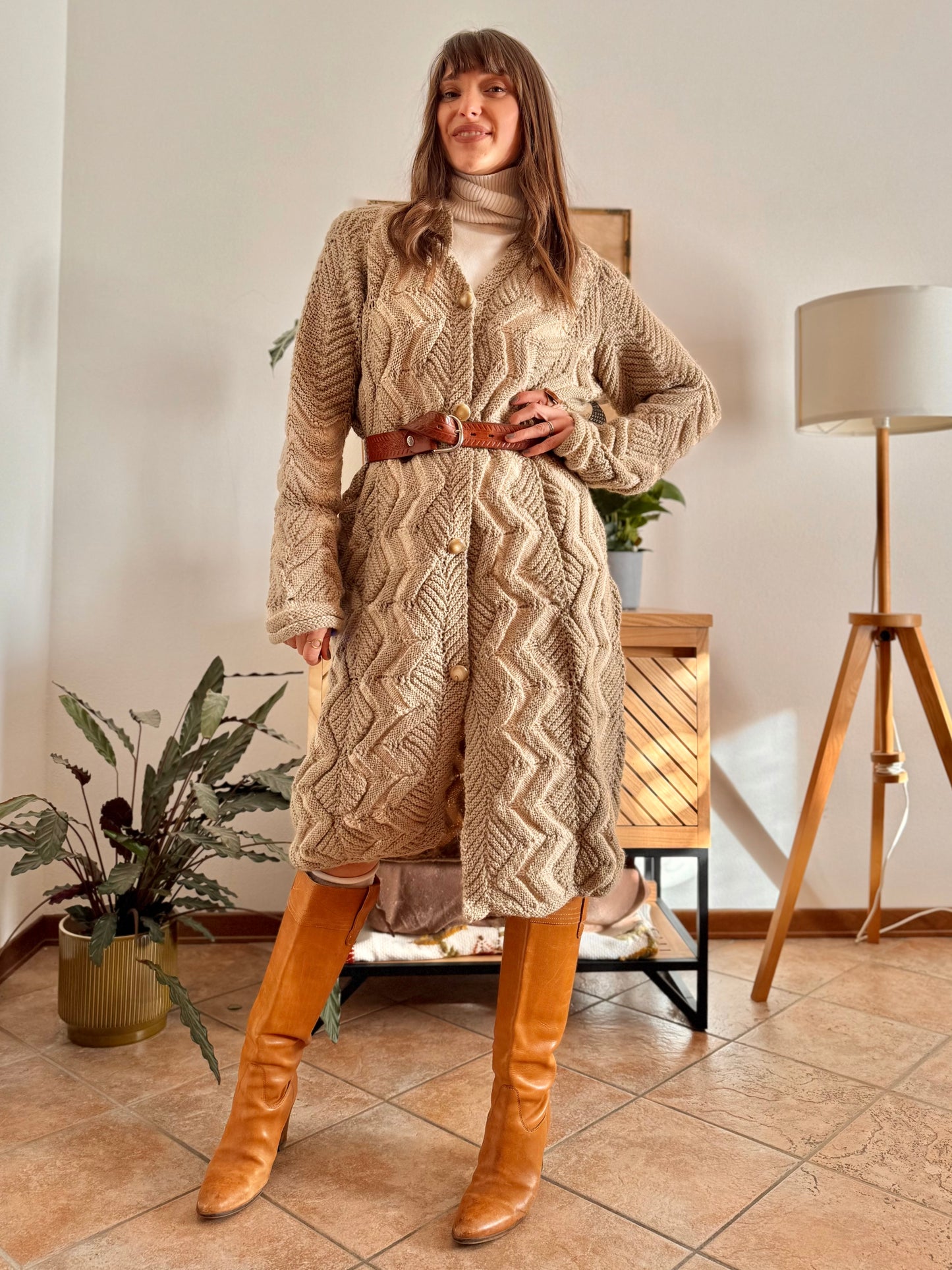 1970's vintage beige and cream chevron knit wool button down midi dress