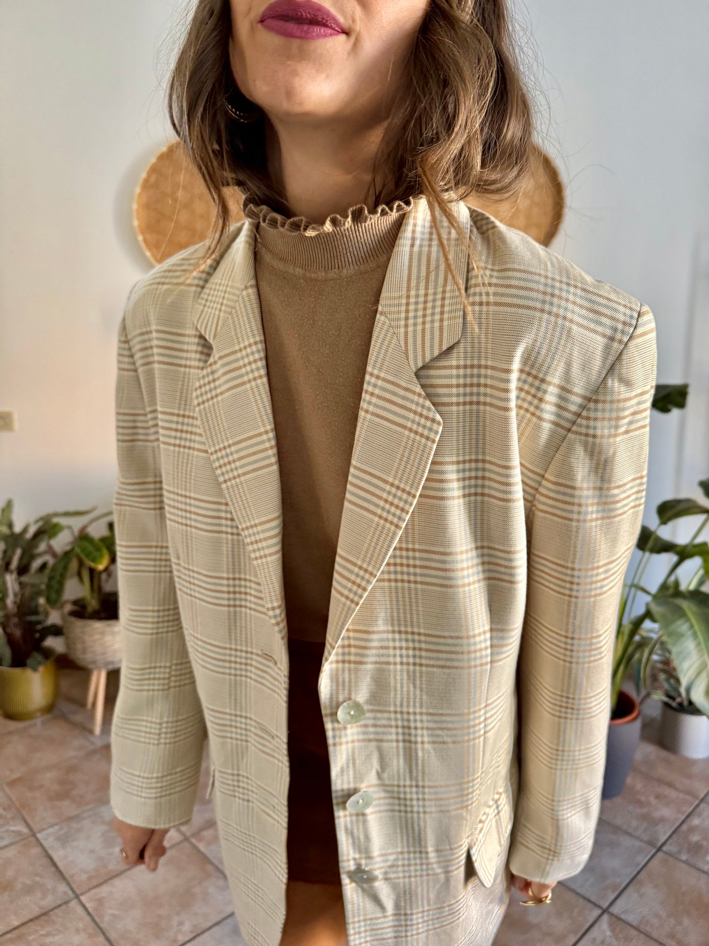 1970’s vintage wool cream, grey and tan plaid wool blazer with oversize mother of pearl buttons