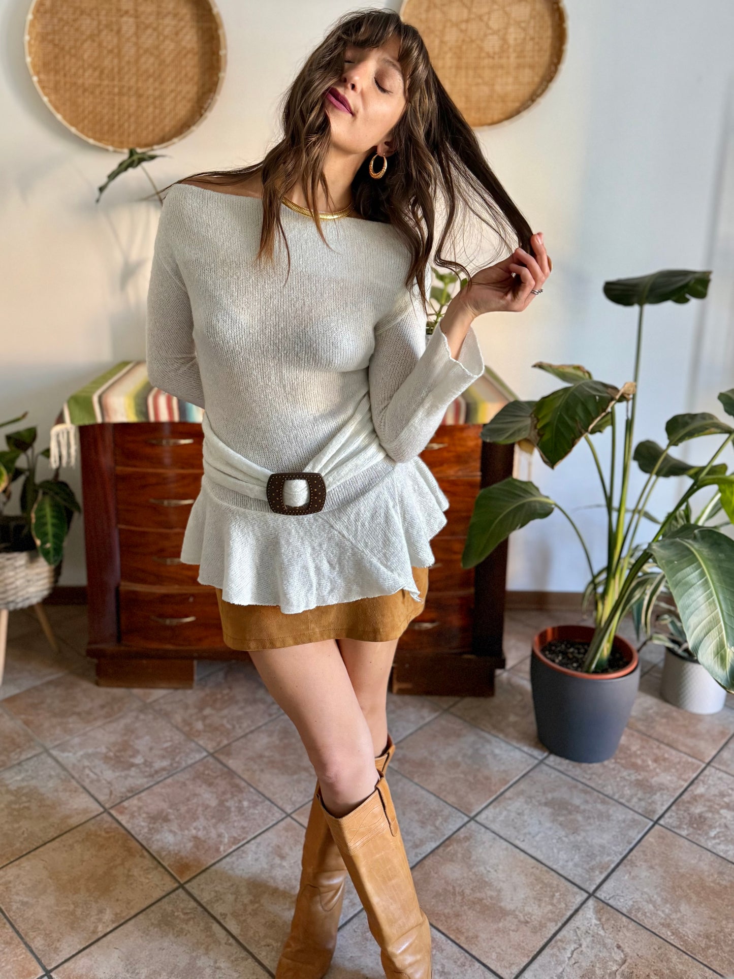 Y2K vintage asymmetrical cream mohair blend knit pullover with belt detail