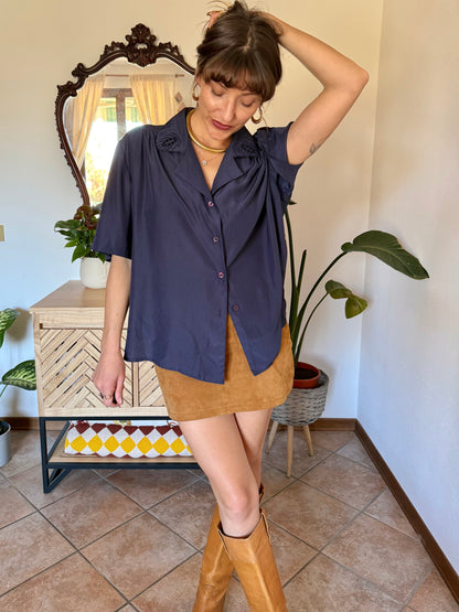 1970’s vintage navy blue blouse with floral embroidered collar