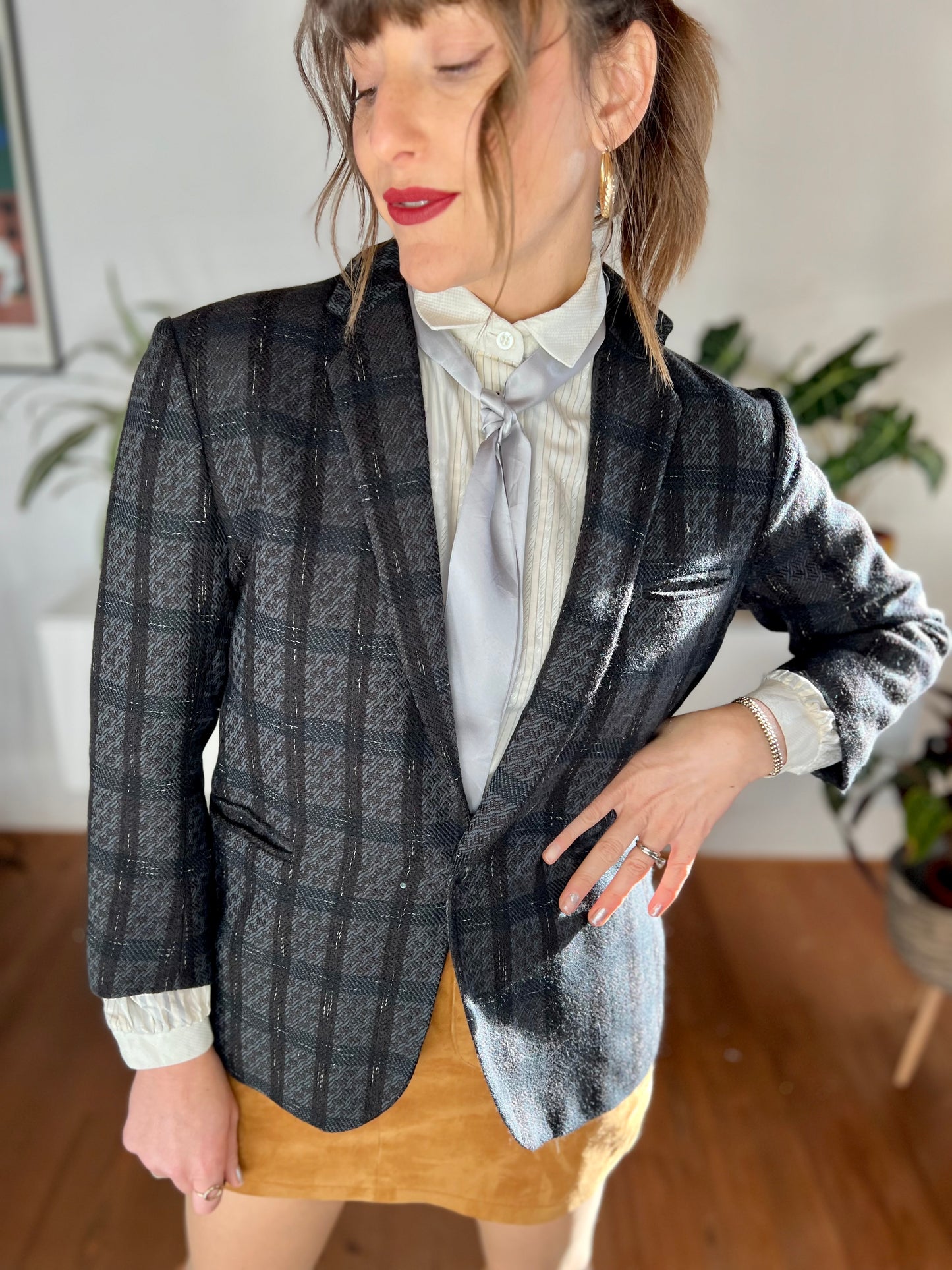 1970's black and blue tailored wool plaid blazer