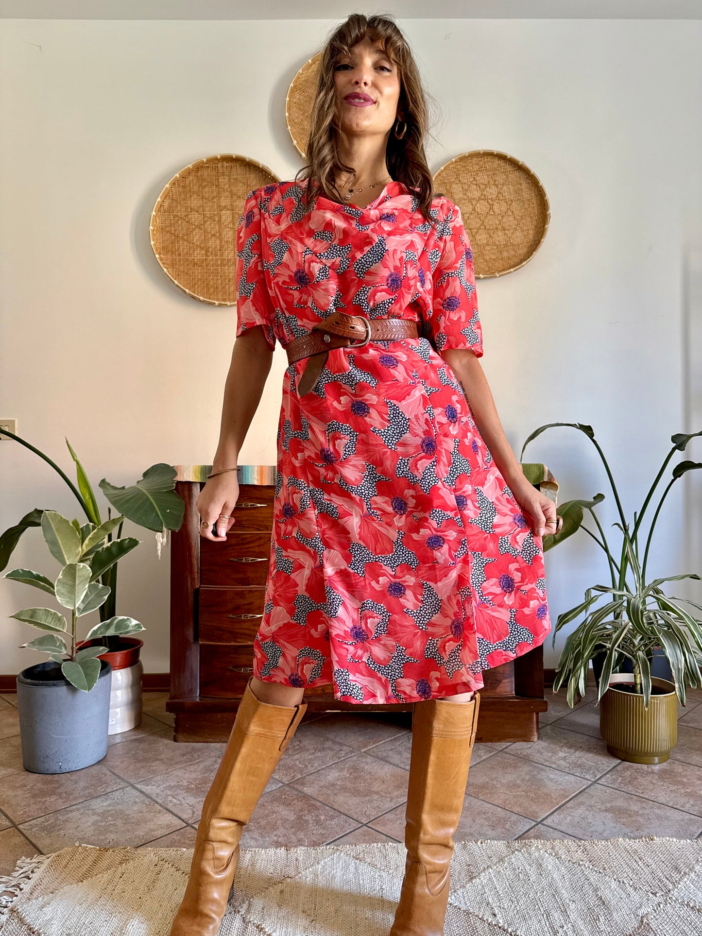 1960’s vintage punk and purple floral print midi dress with cowl neck