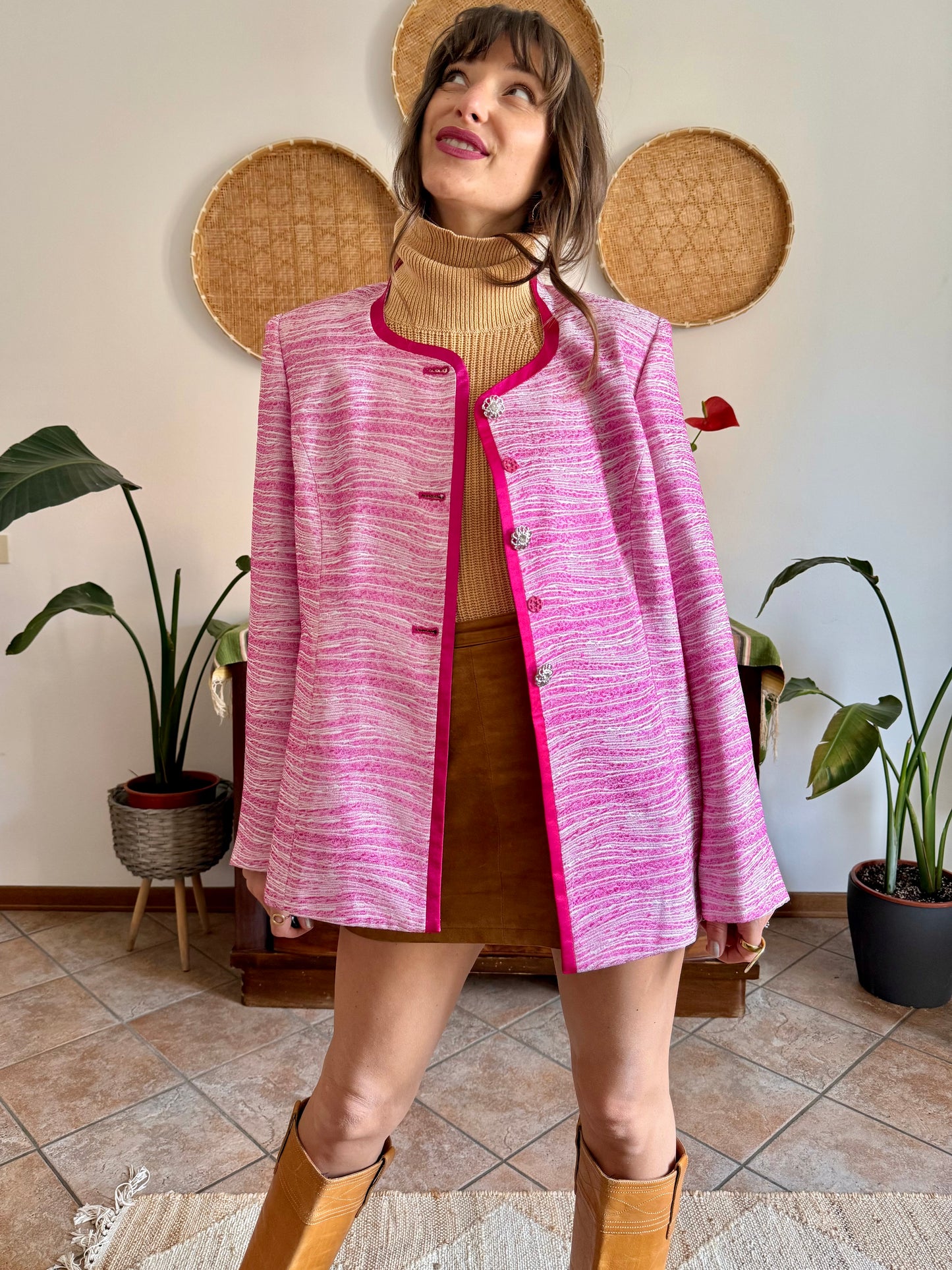 1980’s vintage fuchsia and cream textured woven jacket with rhinestones stone buttons