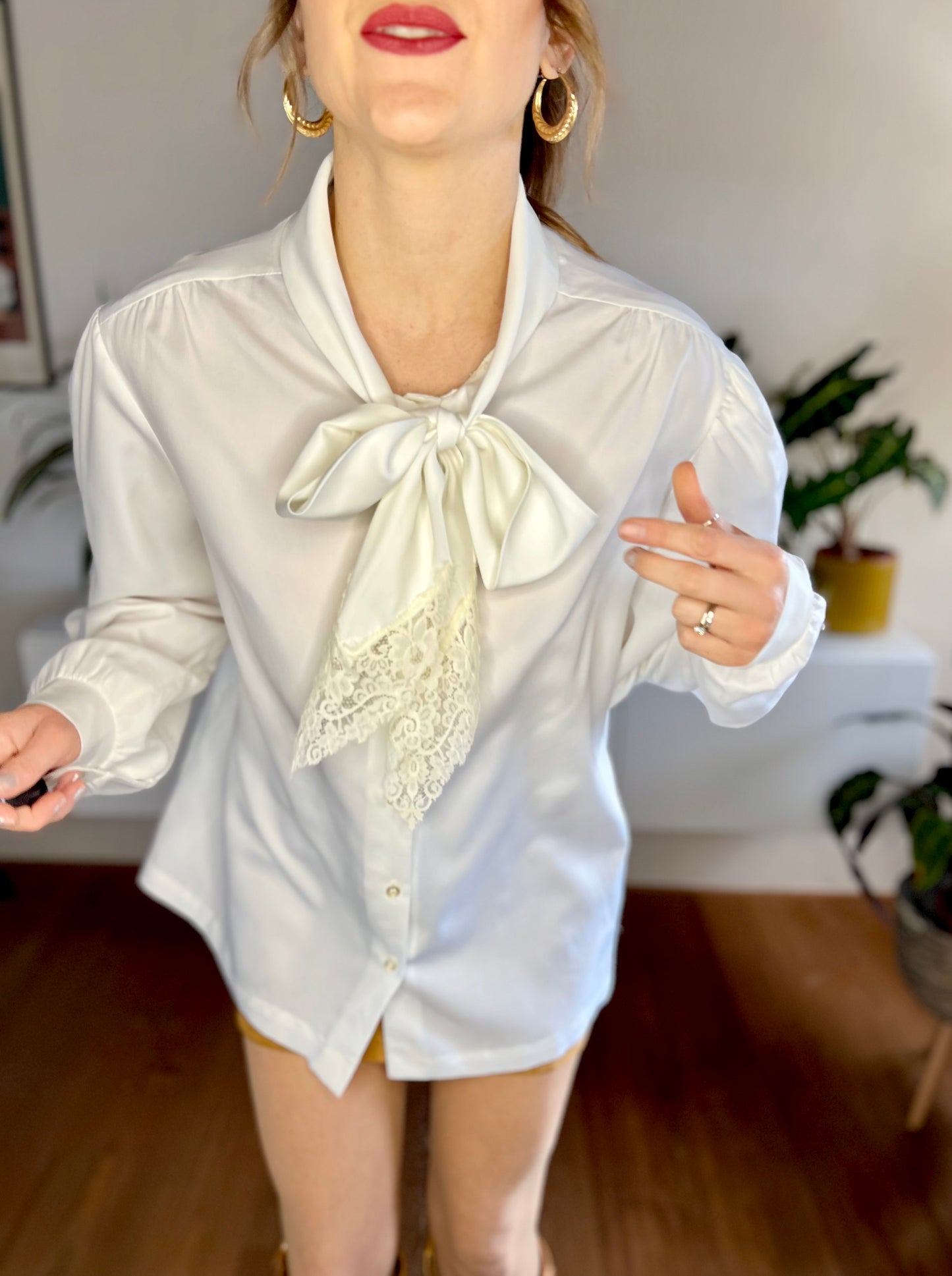 1970's vintage cream bow tie blouse with lace trim