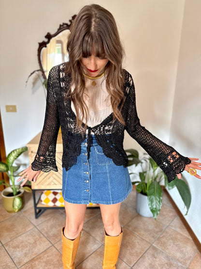 Y2k vintage black bell sleeve crocheted cardigan with silver thread accents