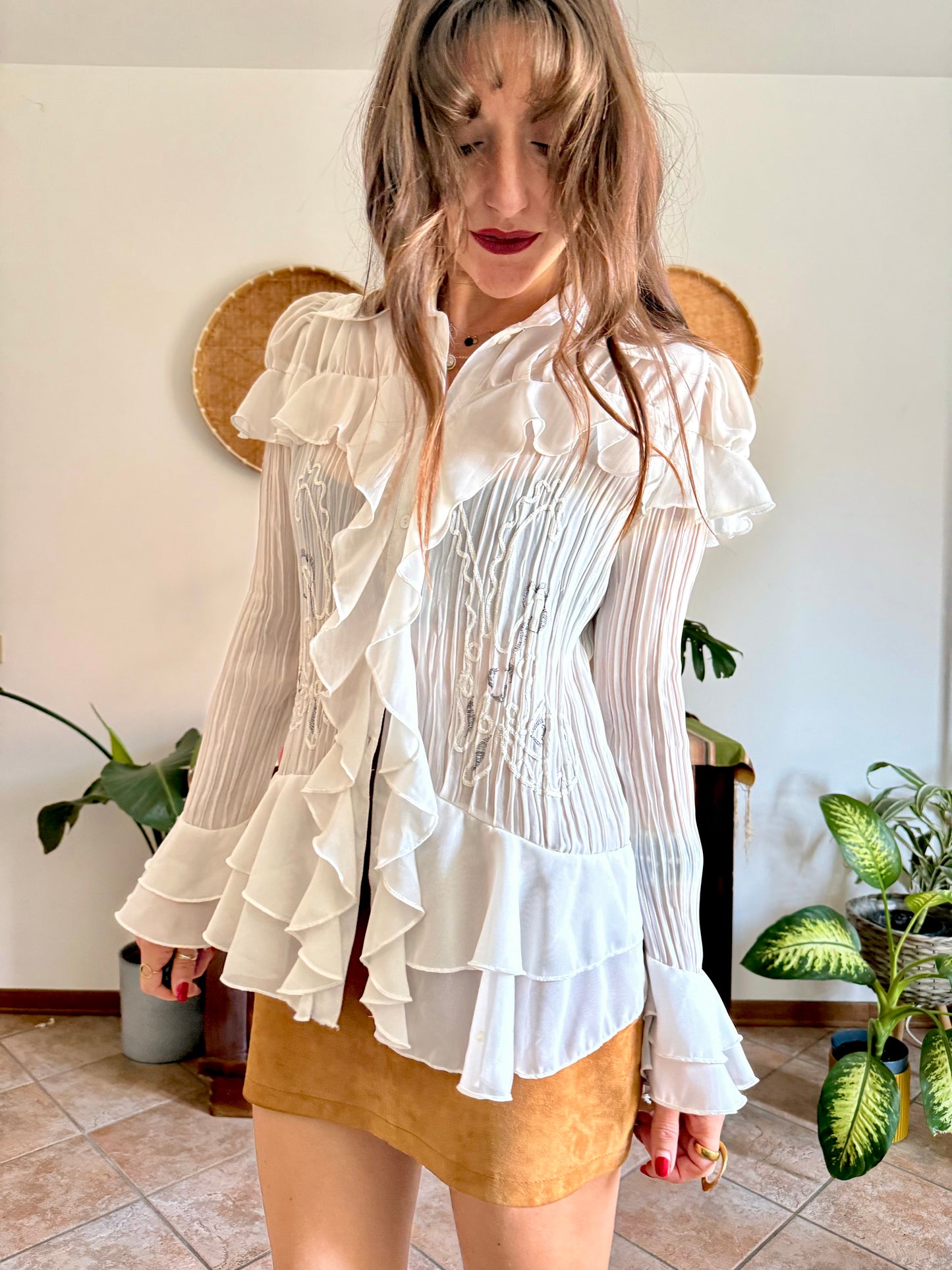 1990’s vintage sheer white silk blend textured ruffle blouse with bell sleeves and floral embroider