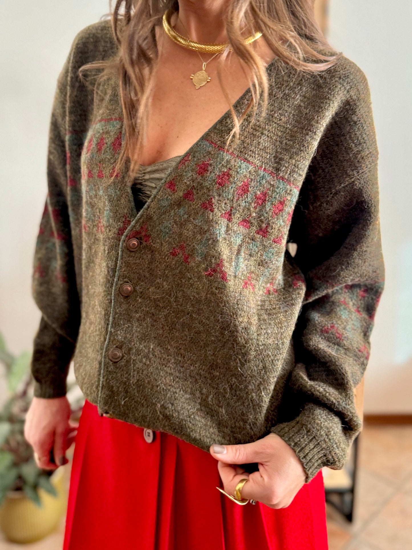 1990’s vintage green, red and khaki geometric knit wool and alpaca blend cardigan