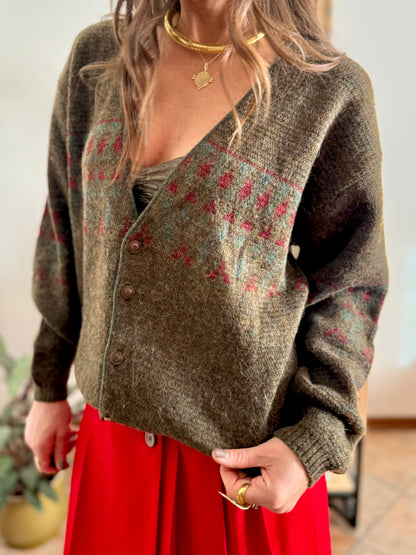 1990’s vintage green, red and khaki geometric knit wool and alpaca blend cardigan
