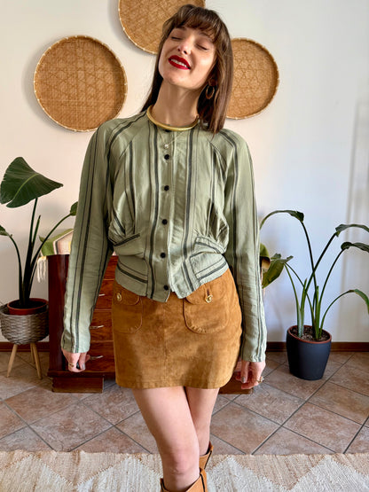 1970's vintage multi tonal vertical stripe green blouse