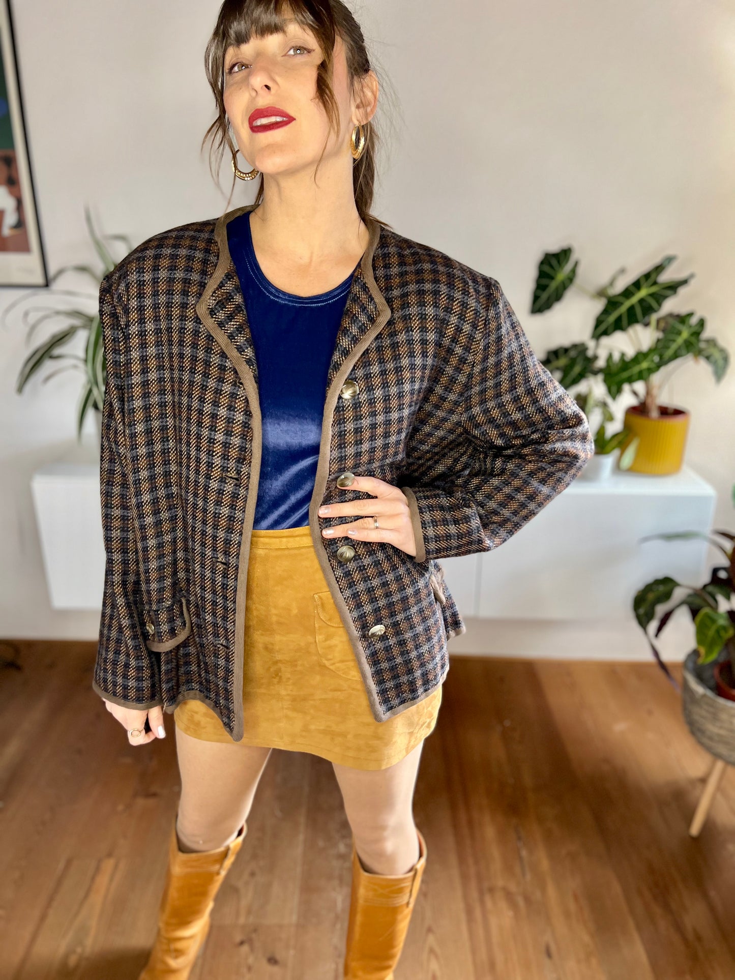 1970's vintage brown and blue oversize plaid wool blazer