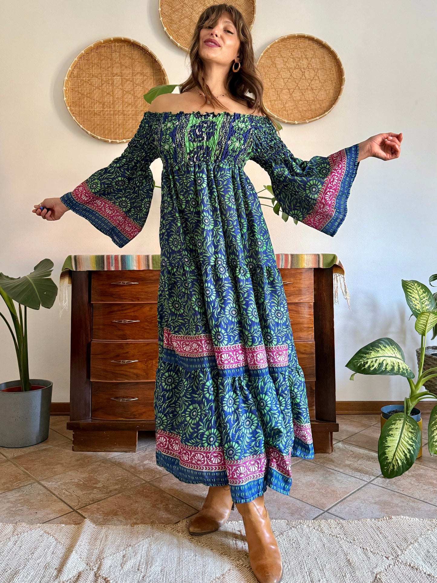 1970’s vintage green, blue and pink silk floral prairie maxi dress with bell sleeves