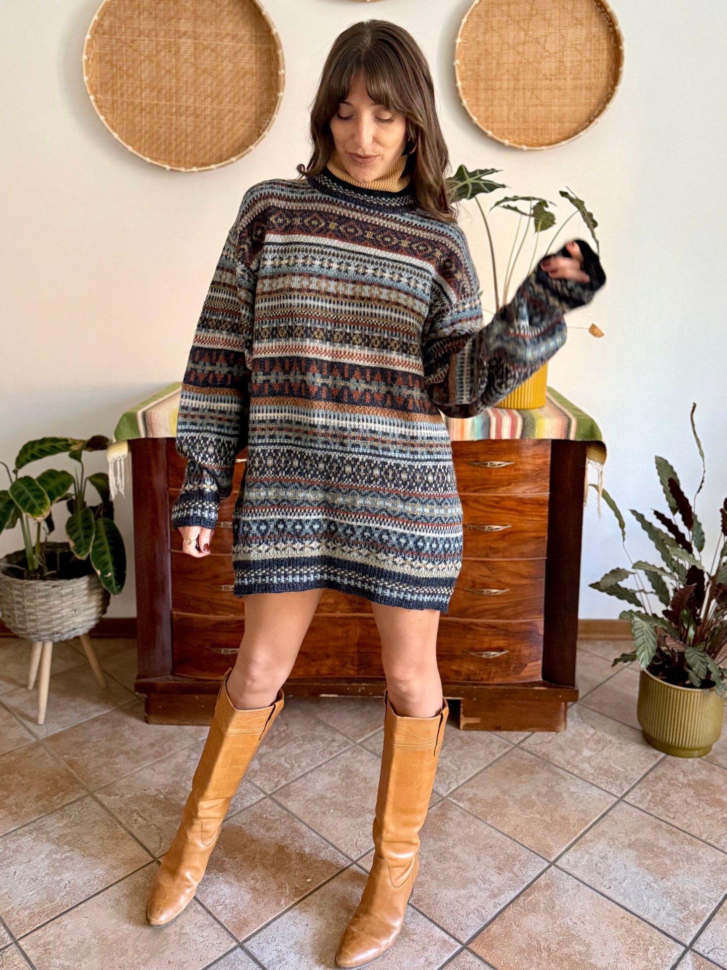 1990's vintage wool chocolate brown, navy and light blue geometric stripe knit sweater dress