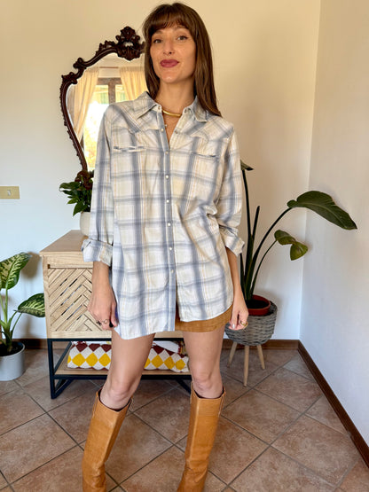 1990's vintage light blue, cream and beige western pearl snap shirt