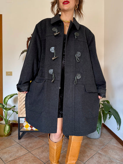 1970’s vintage charcoal grey cashmere and wool coat with toggle details