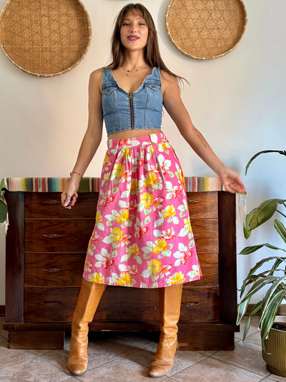 1970’s vintage pink and yellow button down midi skirt