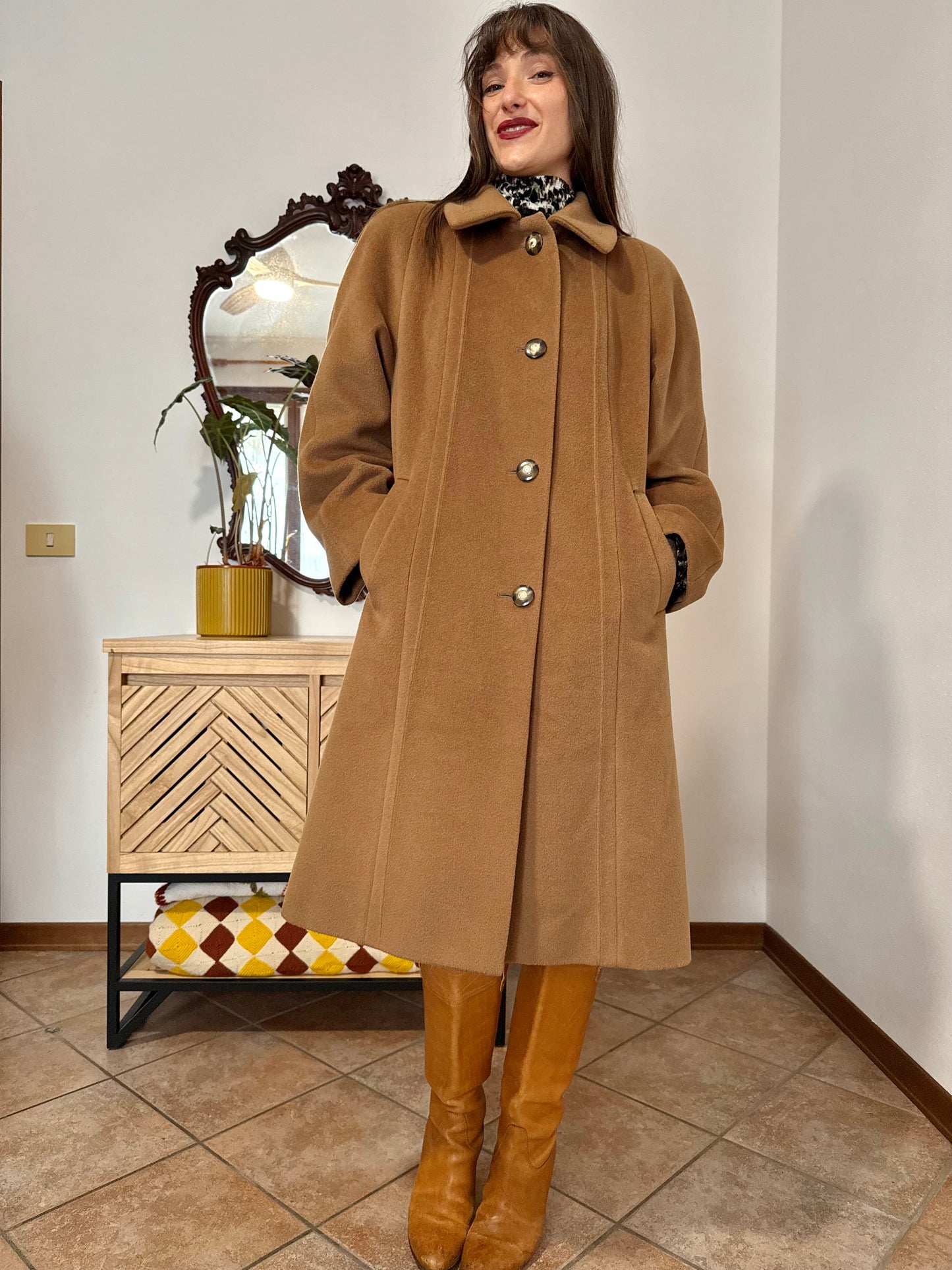 1970’s vintage tan wool overcoat with oversize button details