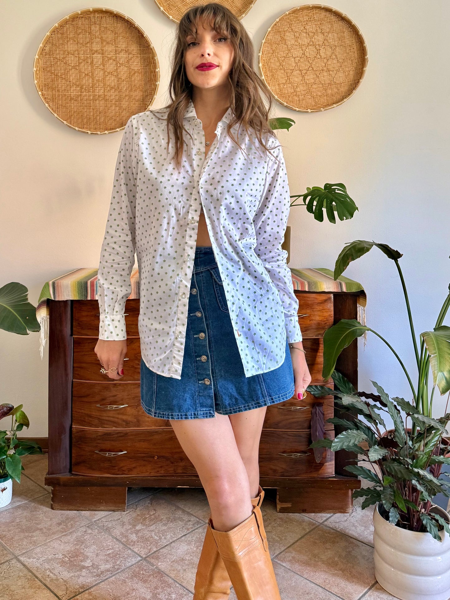 1990’s vintage white woven cotton shirt with green and beige floral design