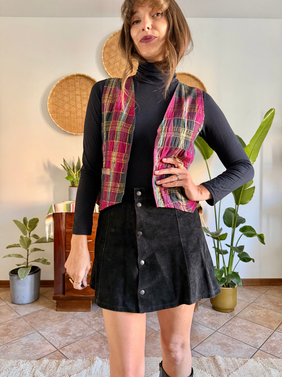 1970’s vintage fuchsia, black and gold plaid vest