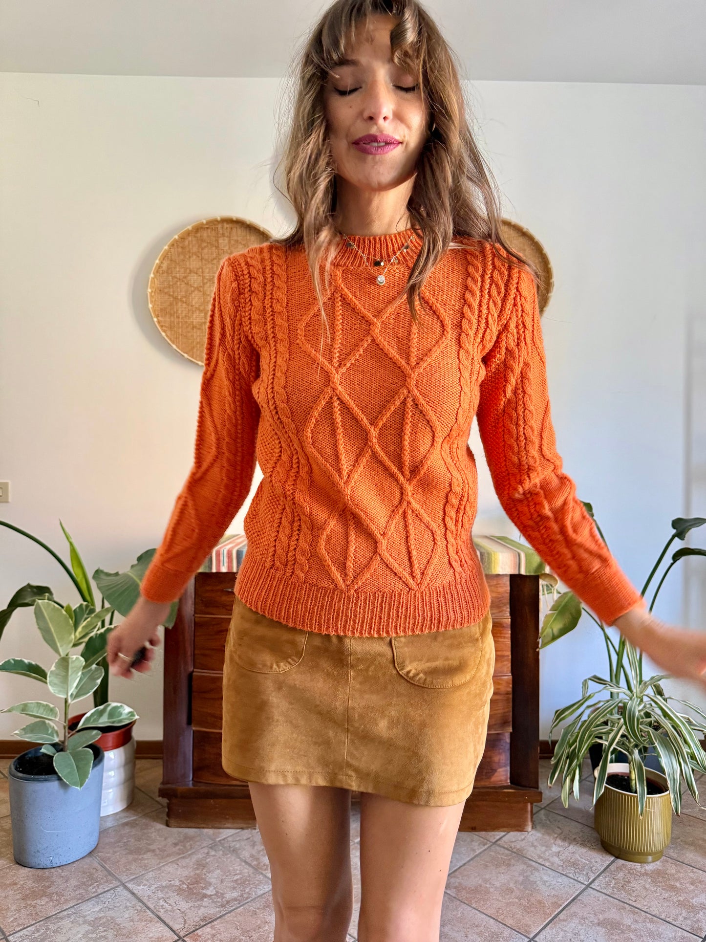1970's vintage orange wool mock neck cable knit pullover