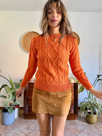 1970's vintage orange wool mock neck cable knit pullover