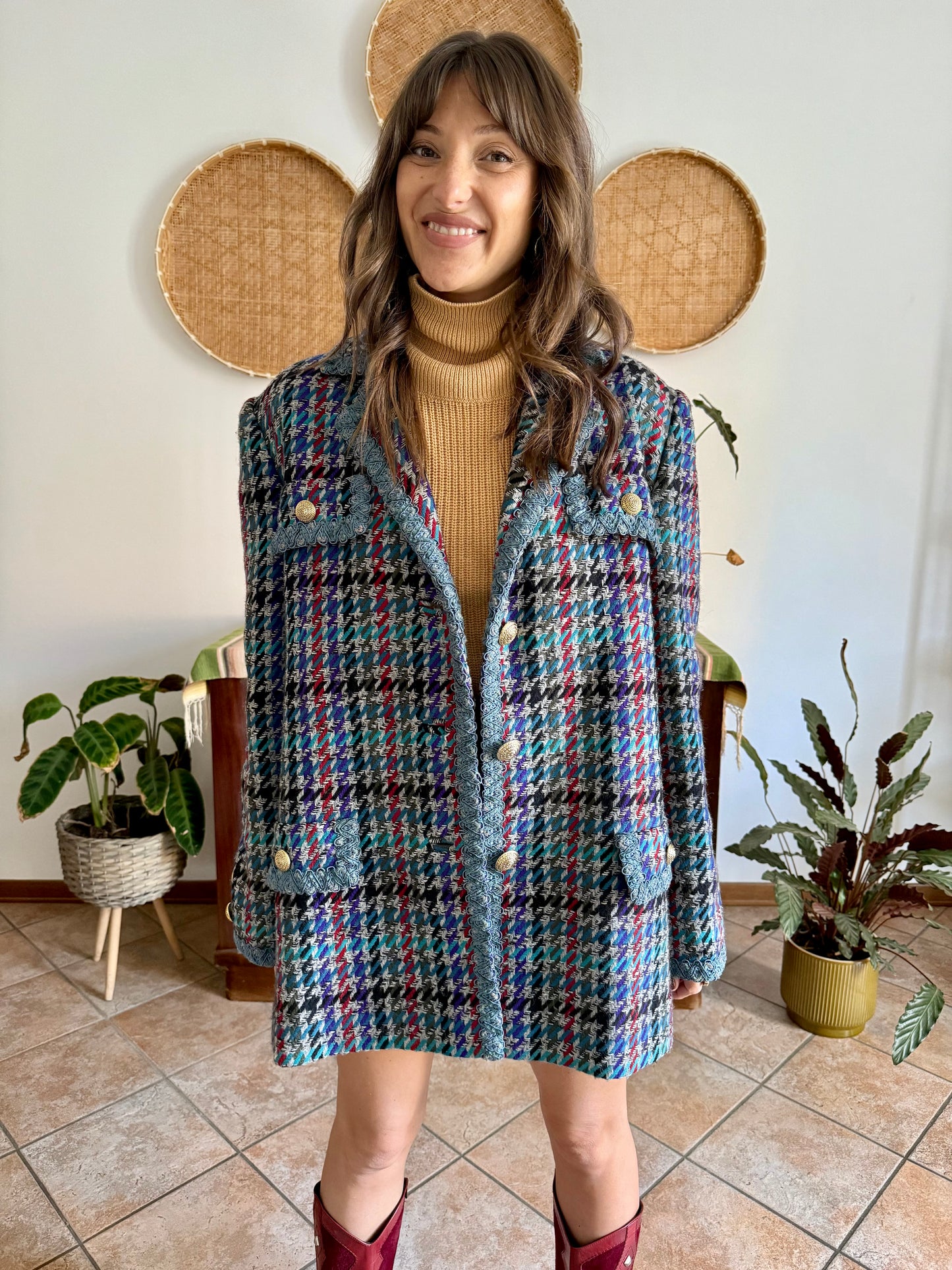 1970's vintage oversize wool blue, turquoise, and grey houndstooth plaid coat