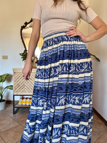 1990’s vintage blue and cream floral stripped maxi skirt