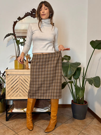 1970's vintage chocolate brown, green and blue plaid wool midi skirt