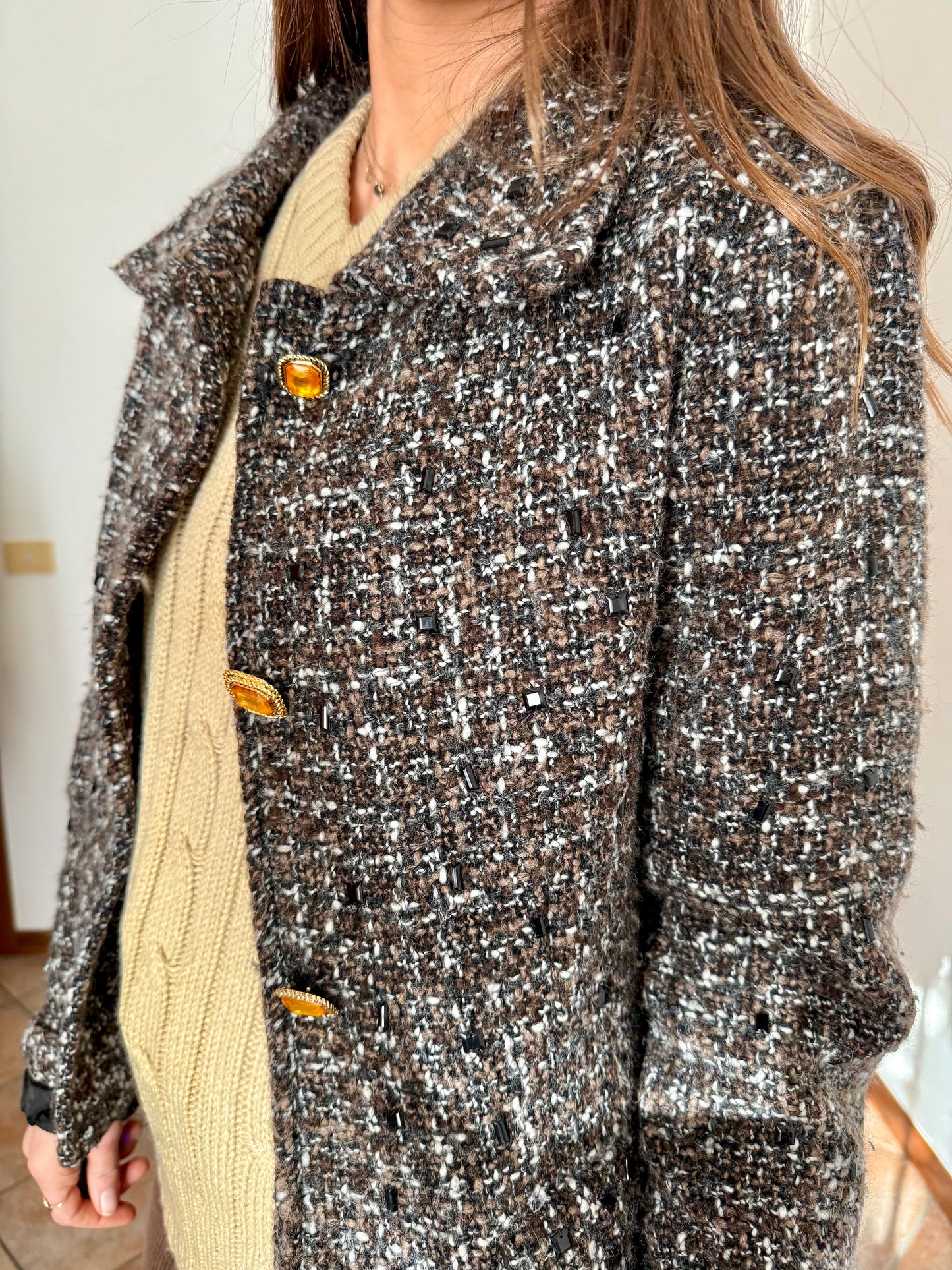1990’s vintage black, khaki and cream boucle wool with gold and yellow glass buttons