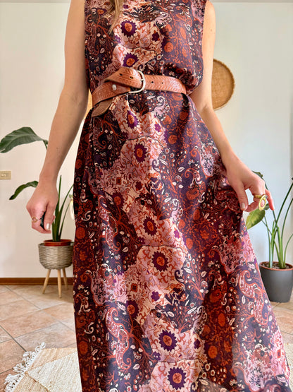 1990’s vintage burgundy, pink and orange floral paisley print maxi dress