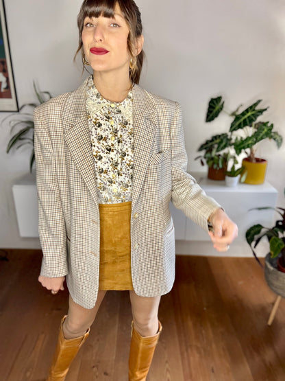 1970's vintage cream, blue and tan oversize plaid wool blazer