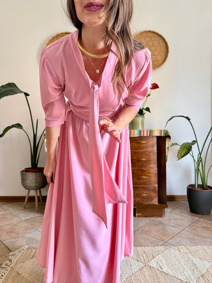 1970’s vintage pink maxi dress with bow tie collar