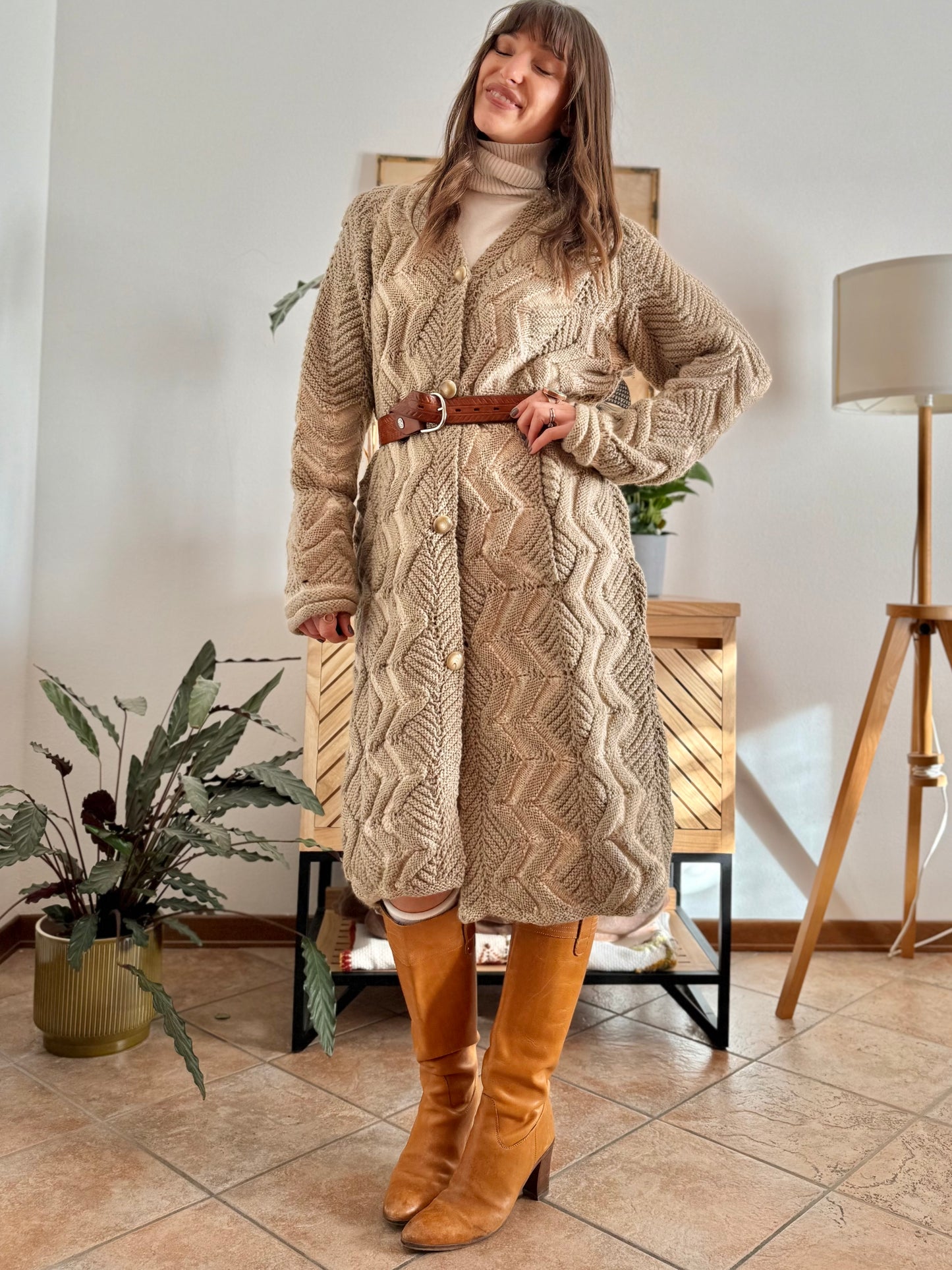 1970's vintage beige and cream chevron knit wool button down midi dress