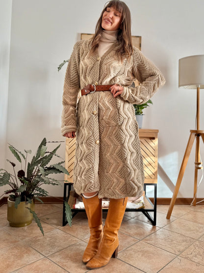 1970's vintage beige and cream chevron knit wool button down midi dress