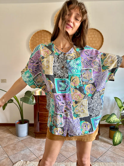 1990’s vintage lilac, turquoise and tan patchwork floral print blouse