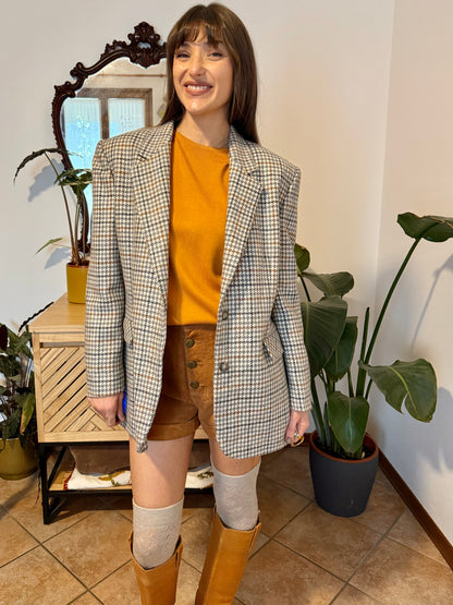1970s vintage oversize cream, grey and tan houndstooth plaid wool blazer