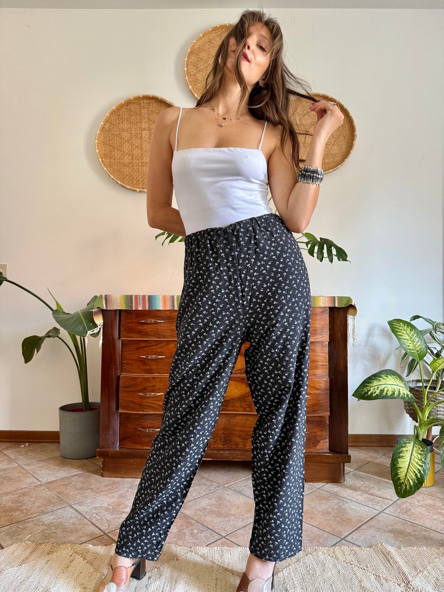 1970’s vintage black wide leg trousers with micro white floral embroidery