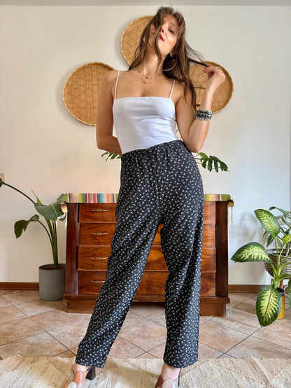 1970’s vintage black wide leg trousers with micro white floral embroidery
